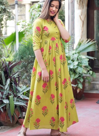Muslin Printed Green and Yellow Designer Gown