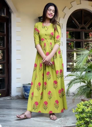 Muslin Printed Green and Yellow Designer Gown