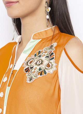 Mustard and Off White Embroidered Georgette Party Wear Kurti
