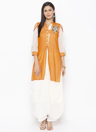 Mustard and Off White Embroidered Georgette Party Wear Kurti