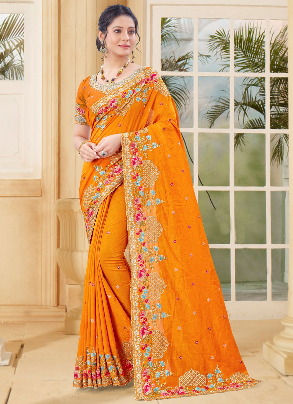 Mustard Vichitra Silk Embroidered Traditional Designer Saree