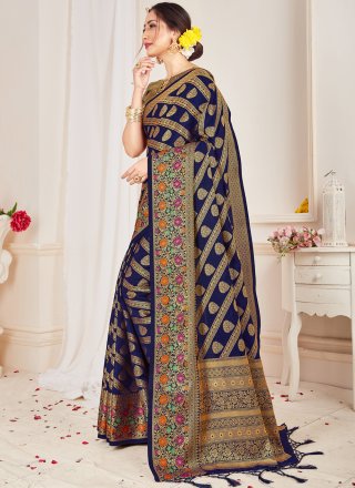 Navy Blue Art Banarasi Silk Designer Traditional Saree