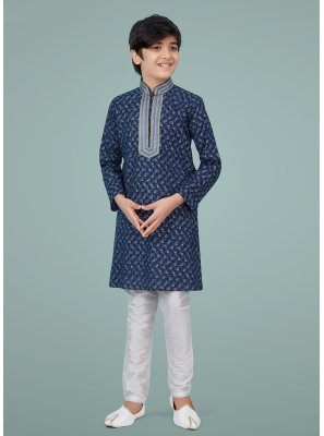 Navy Blue Cotton Silk Printed Kurta Pyjama