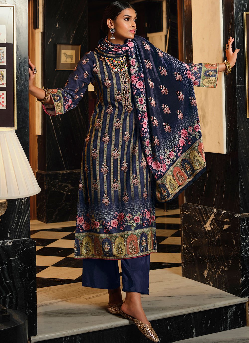 Navy Blue Digital Print Pashmina Designer Pakistani Salwar Suit