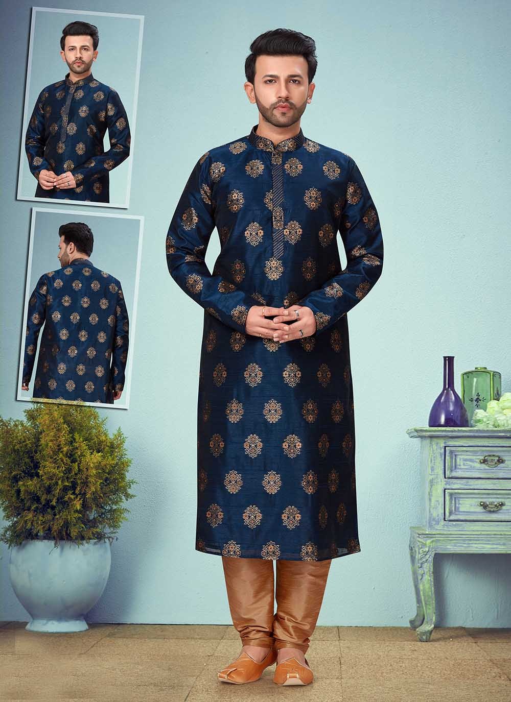 Navy Blue Embroidered Banarasi Jacquard Kurta Pyjama