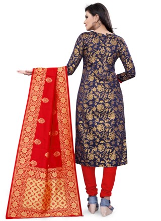 Navy Blue Festival Banarasi Silk Churidar Designer Suit