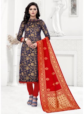 Navy Blue Festival Banarasi Silk Churidar Designer Suit
