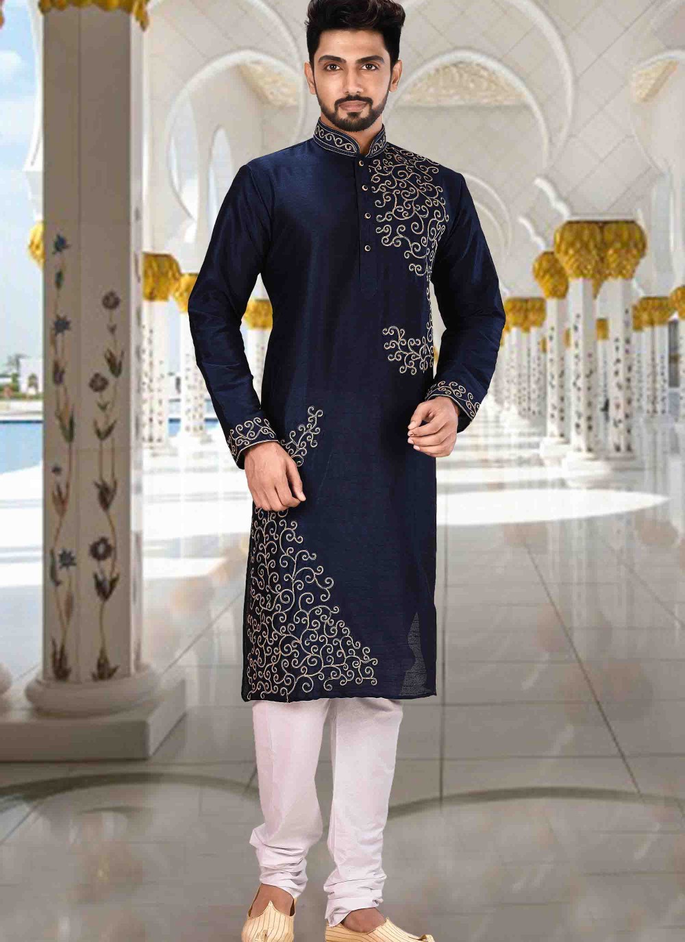Buy Online Navy Blue Handwork Art Dupion Silk Kurta Pyjama