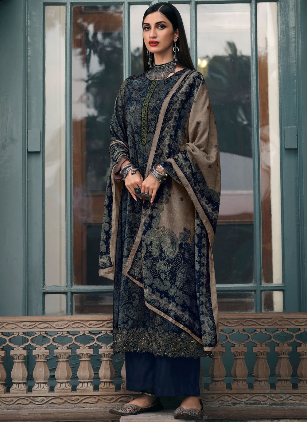 Buy Navy Blue Velvet Designer Pakistani Salwar Suit Online : 204721