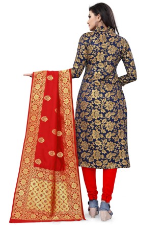 Navy Blue Weaving Banarasi Silk Churidar Designer Suit