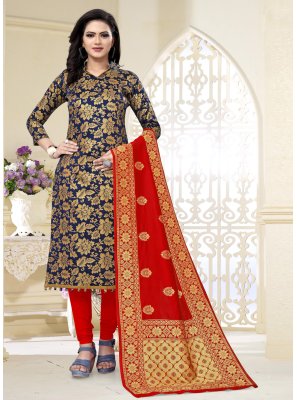 Navy Blue Weaving Banarasi Silk Churidar Designer Suit