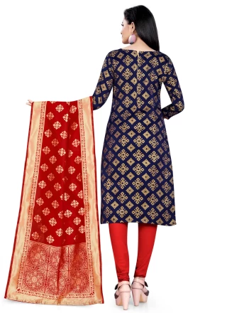 Navy Blue Weaving Banarasi Silk Churidar Designer Suit