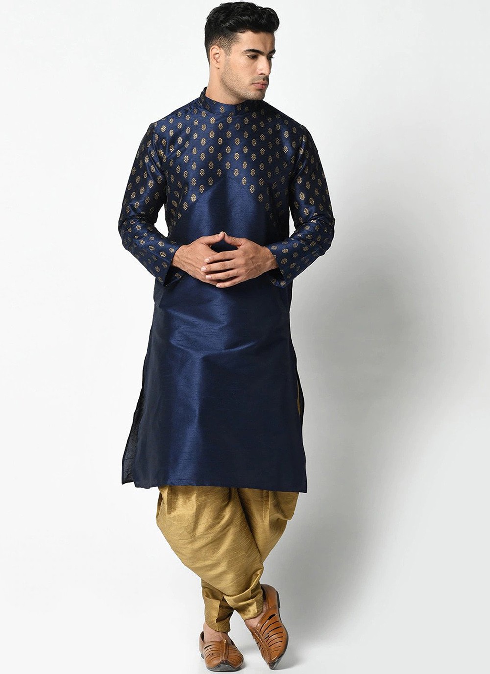 Men's Dupion Silk Dhoti Traditional Wear Stitched Navy Blue 