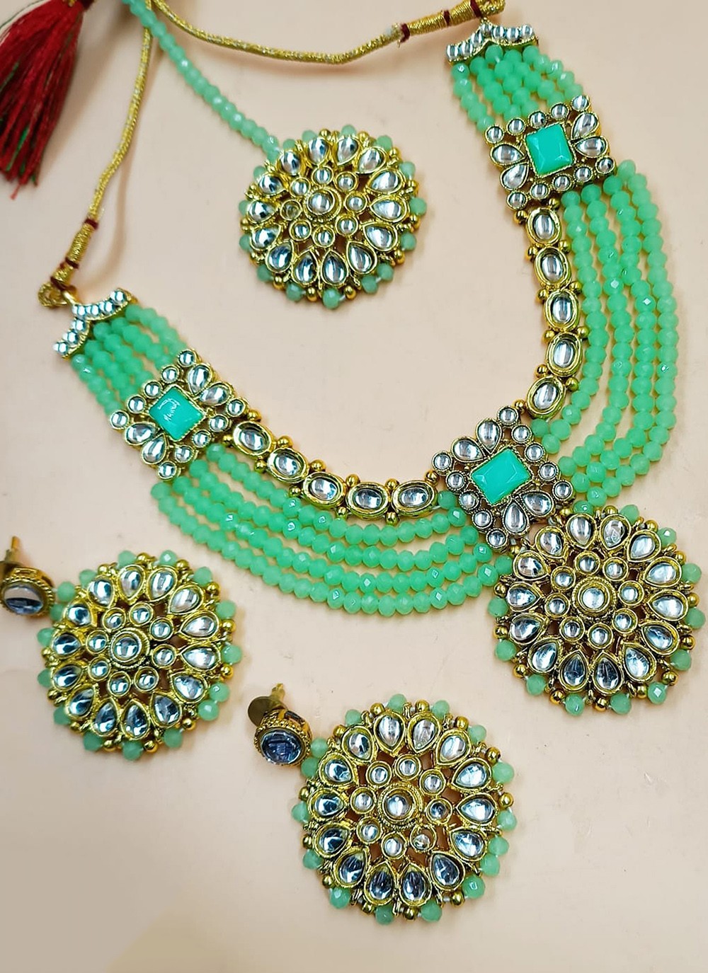 Necklace Set Stone Work in Gold and Sea Green