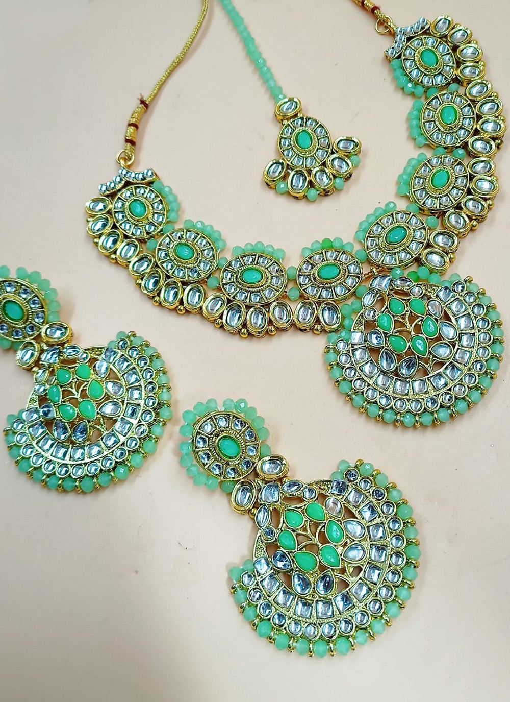 Necklace Set Stone Work in Gold and Sea Green