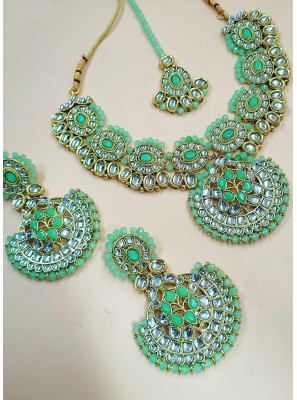 Necklace Set Stone Work in Gold and Sea Green
