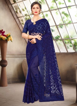 Net Blue Embroidered Traditional Saree