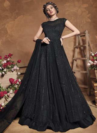 Net Embroidered Floor Length Anarkali Suit in Black