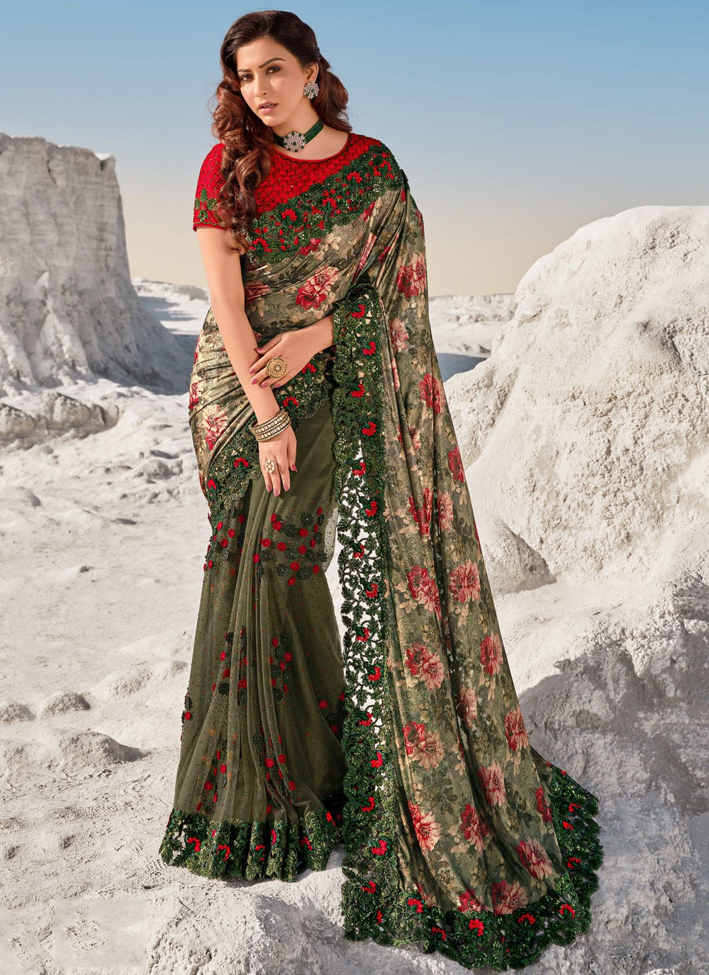 Net Embroidered Green Bollywood Saree