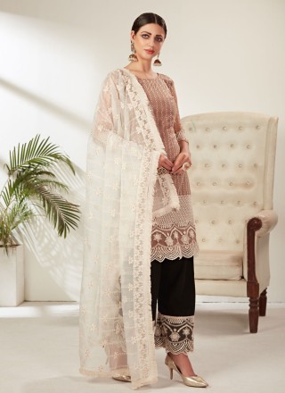 Net Embroidered Pant Style Suit in Beige