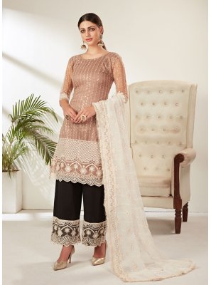 Net Embroidered Pant Style Suit in Beige