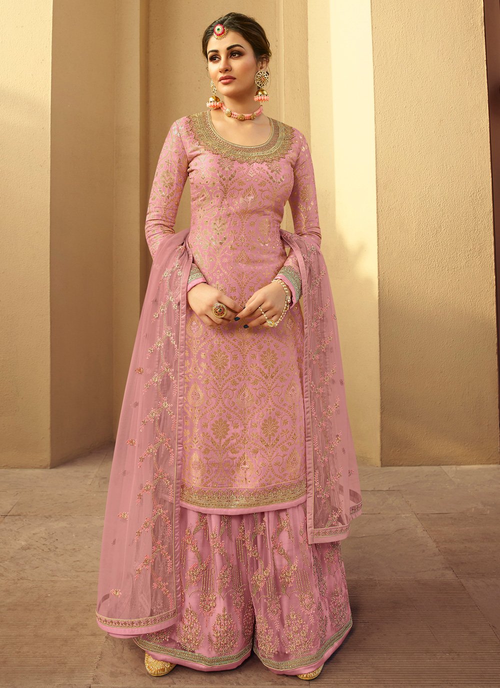 Net Embroidered Pink Designer Palazzo Suit