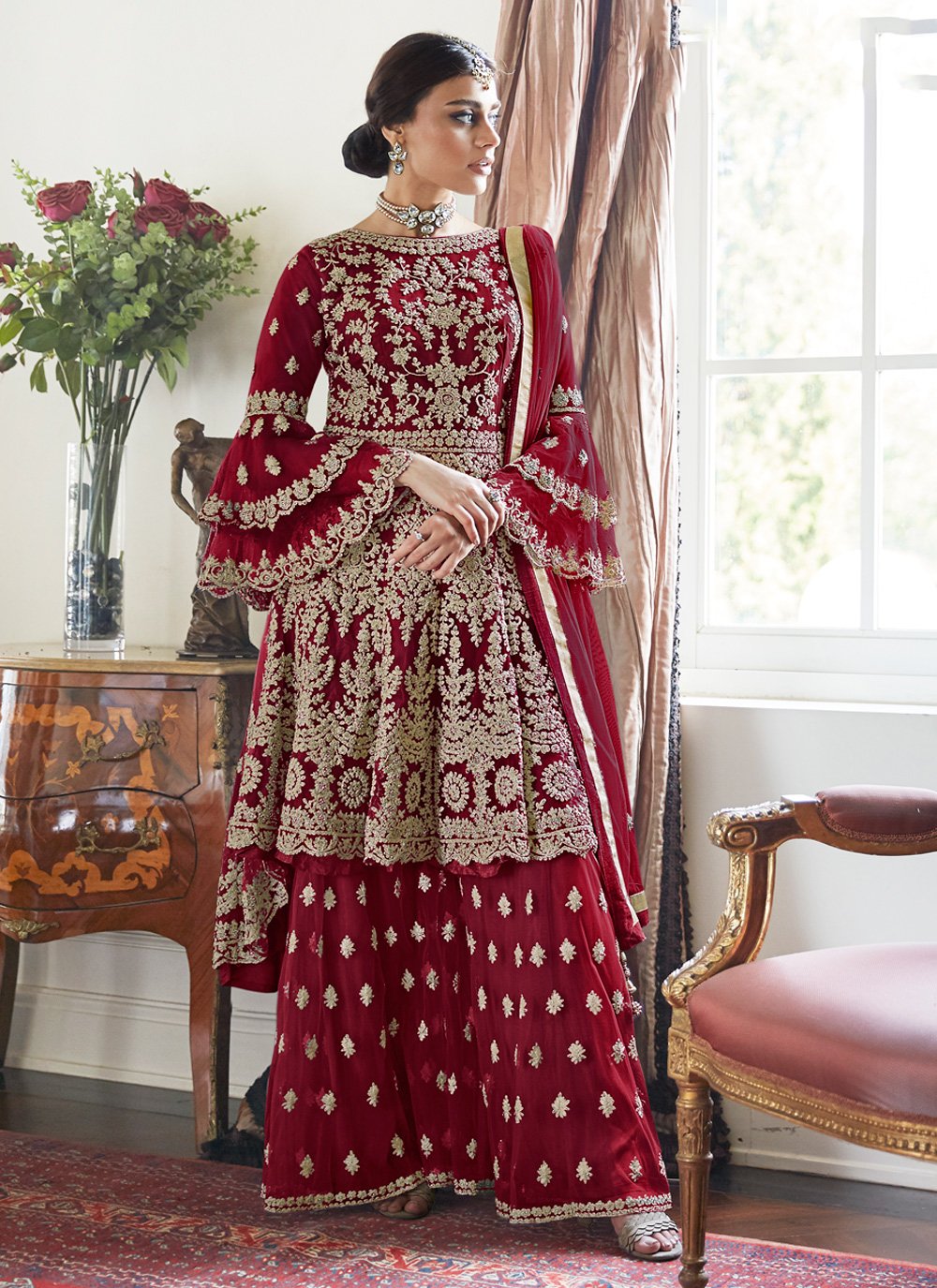 Net Embroidered Red Designer Palazzo Salwar Suit