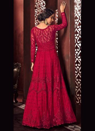 Net Embroidered Red Floor Length Anarkali Suit