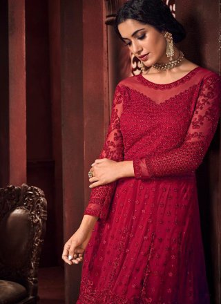 Net Embroidered Red Floor Length Anarkali Suit