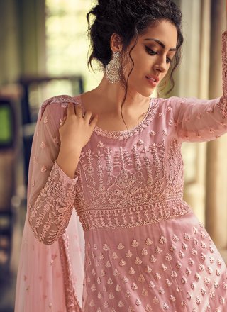 Net Fancy Designer Floor Length Salwar Suit in Pink