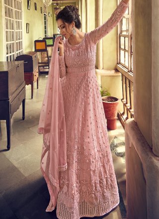 Net Fancy Designer Floor Length Salwar Suit in Pink