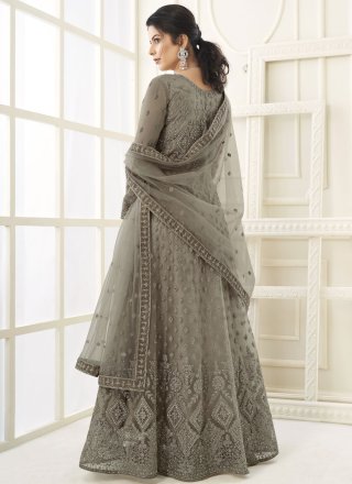 Net Floor Length Anarkali Suit in Grey