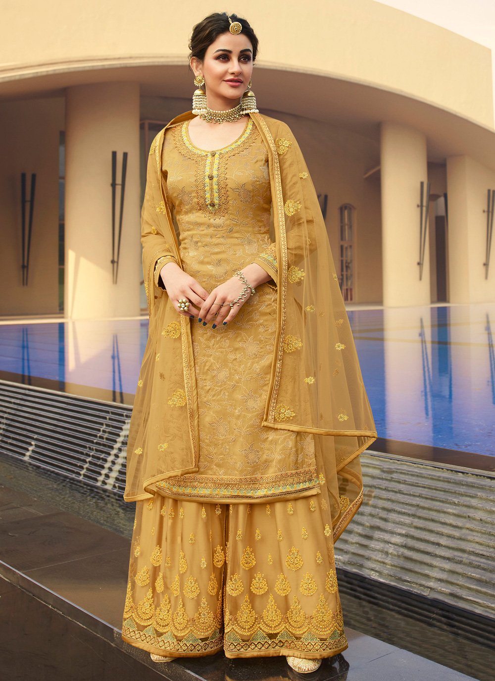 Net Gold Embroidered Designer Palazzo Suit