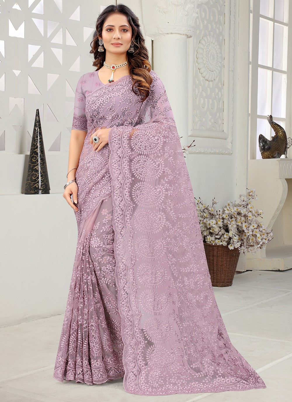 Net Lavender Designer Saree
