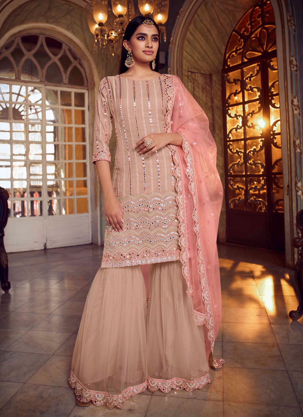 Net Mirror Designer Pakistani Suit in Peach