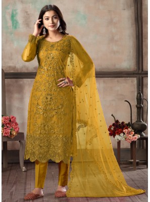 Net Mustard Embroidered Churidar Designer Suit