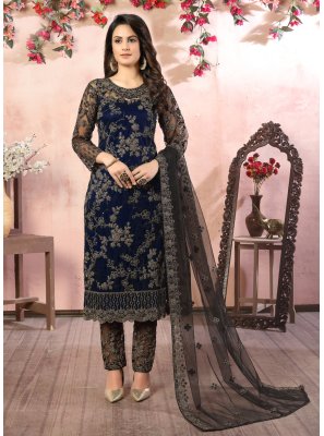 Net Pant Style Suit in Black and Blue