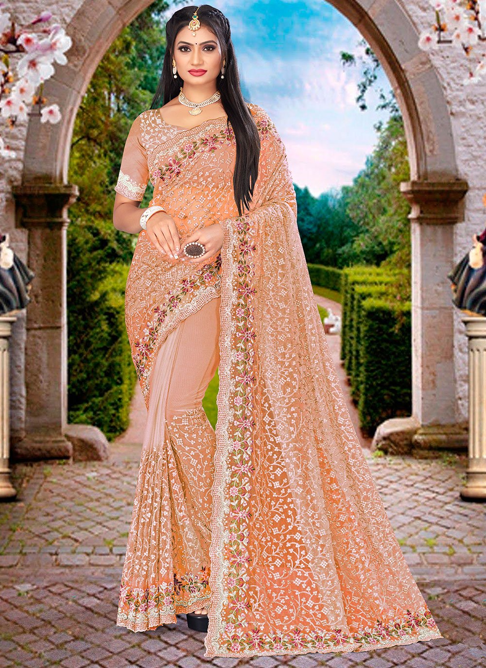 designer peach saree