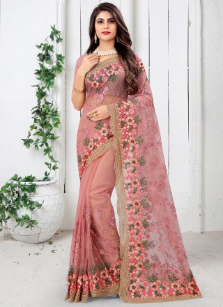 Net Pink Embroidered Designer Saree