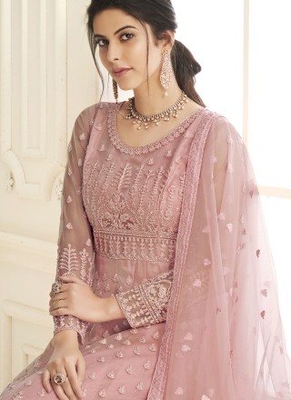 Net Pink Embroidered Floor Length Anarkali Suit