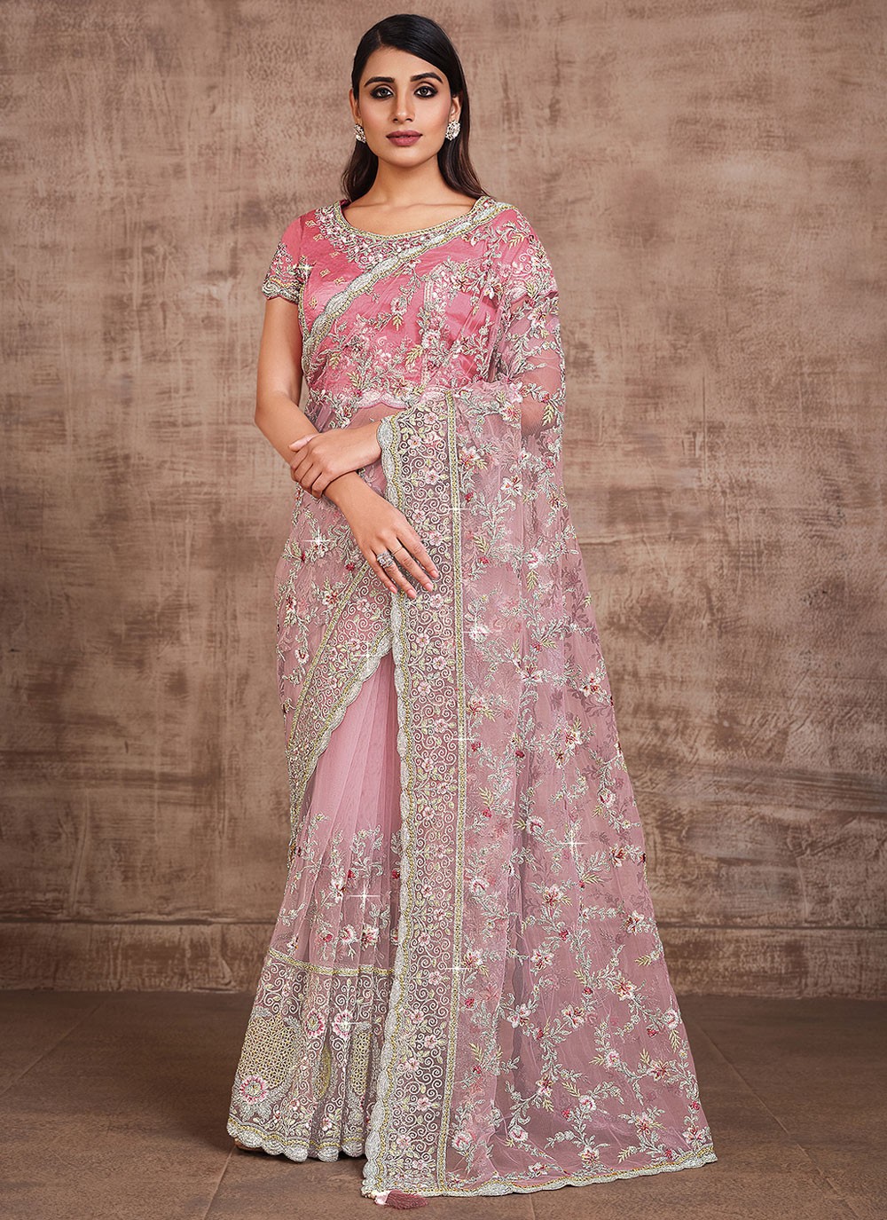Net Pink Resham Classic Designer Saree
