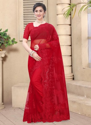 Net Resham Classic Saree in Red