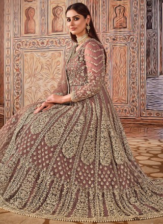 Net Resham Floor Length Designer Suit in Mauve