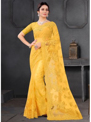 Net Resham Trendy Saree in Yellow