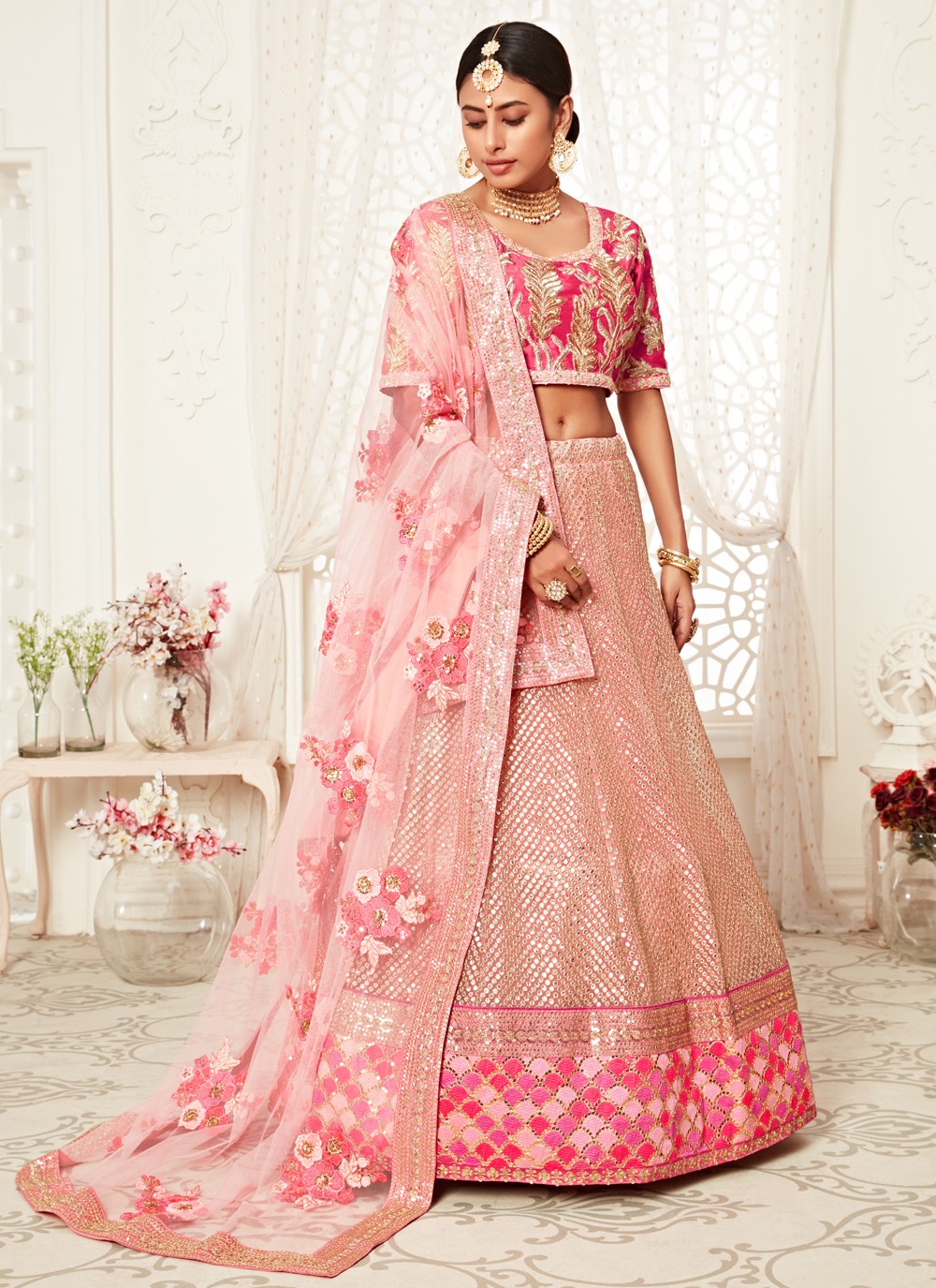 Net Sequins Bollywood Lehenga Choli in Pink