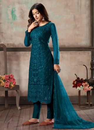 Net Sequins Churidar Designer Suit in Teal