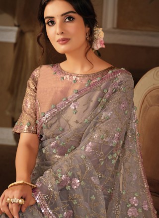 Net Trendy Saree in Grey and Pink
