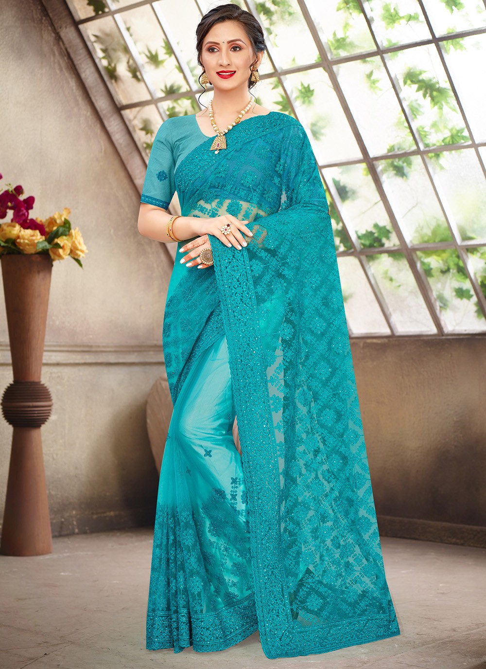 Net Turquoise Designer Saree