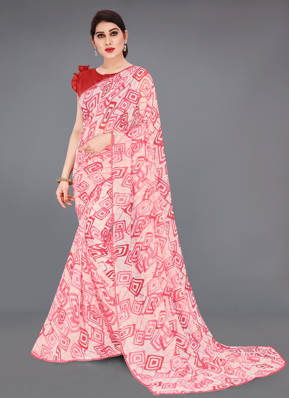 Off White and Red Faux Georgette Printed Saree