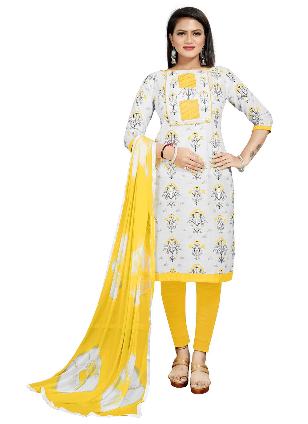 Off White and Yellow Cotton Festival Churidar Suit